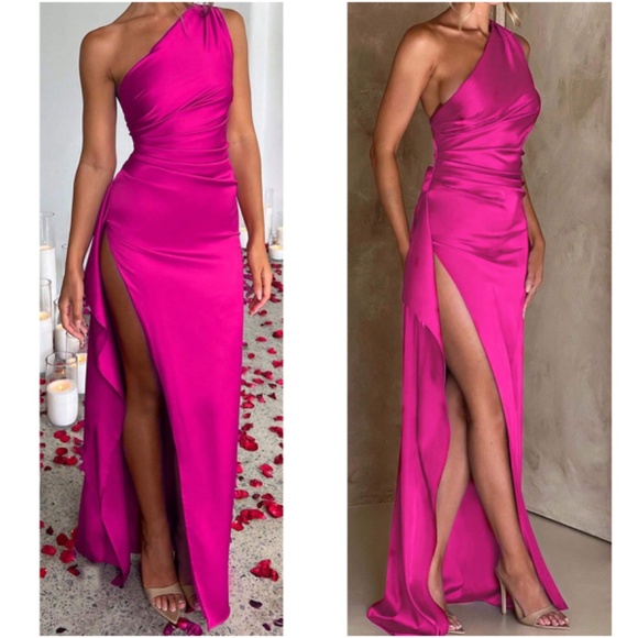 Luxe Hot Pink One Shoulder Satin Party Evening Prom Dress - Picture 3 of 4
